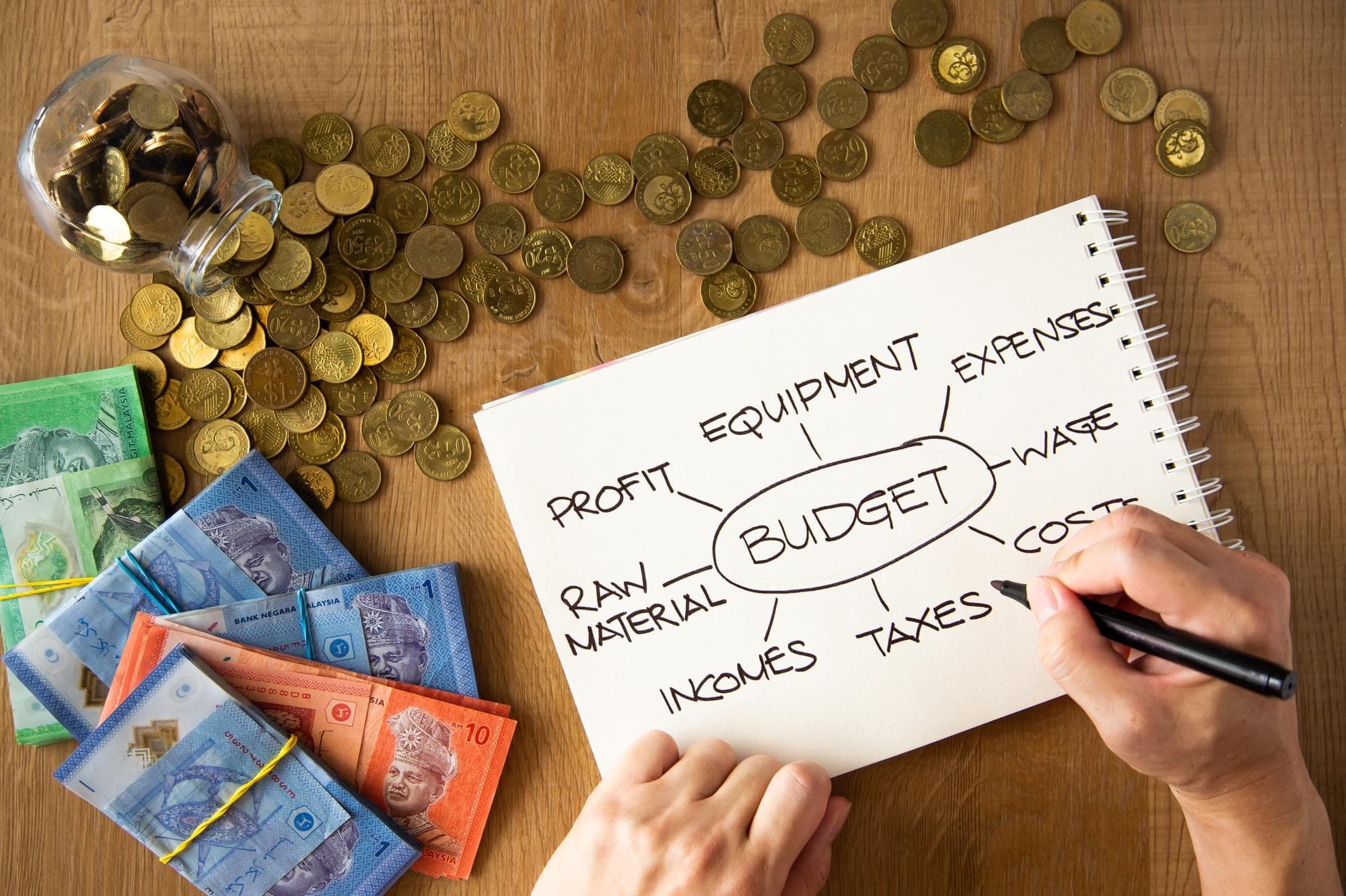 Person planning budget with notes on redundancy payments and money scattered on a desk.