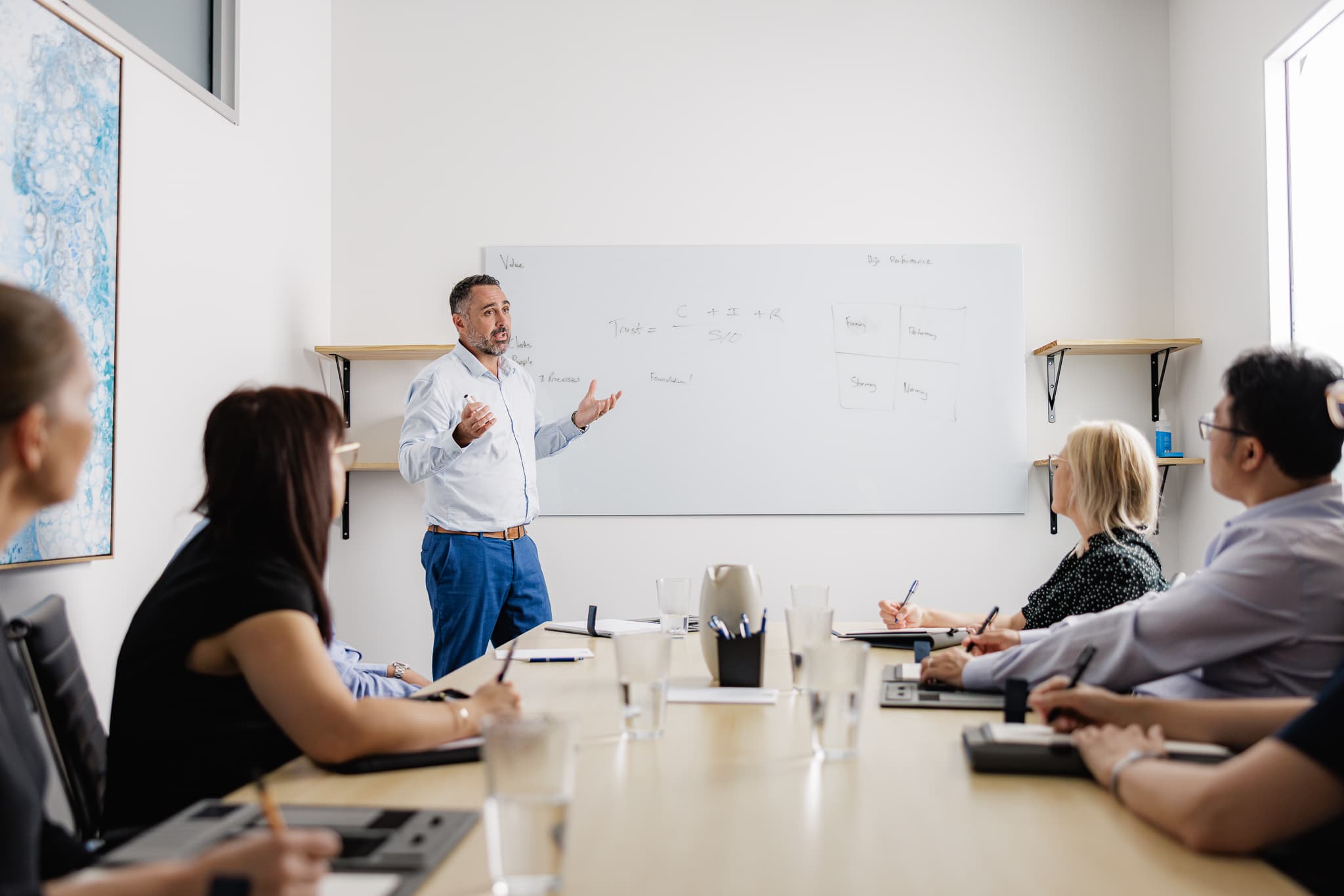 Family business owners across two generations meeting with an adviser