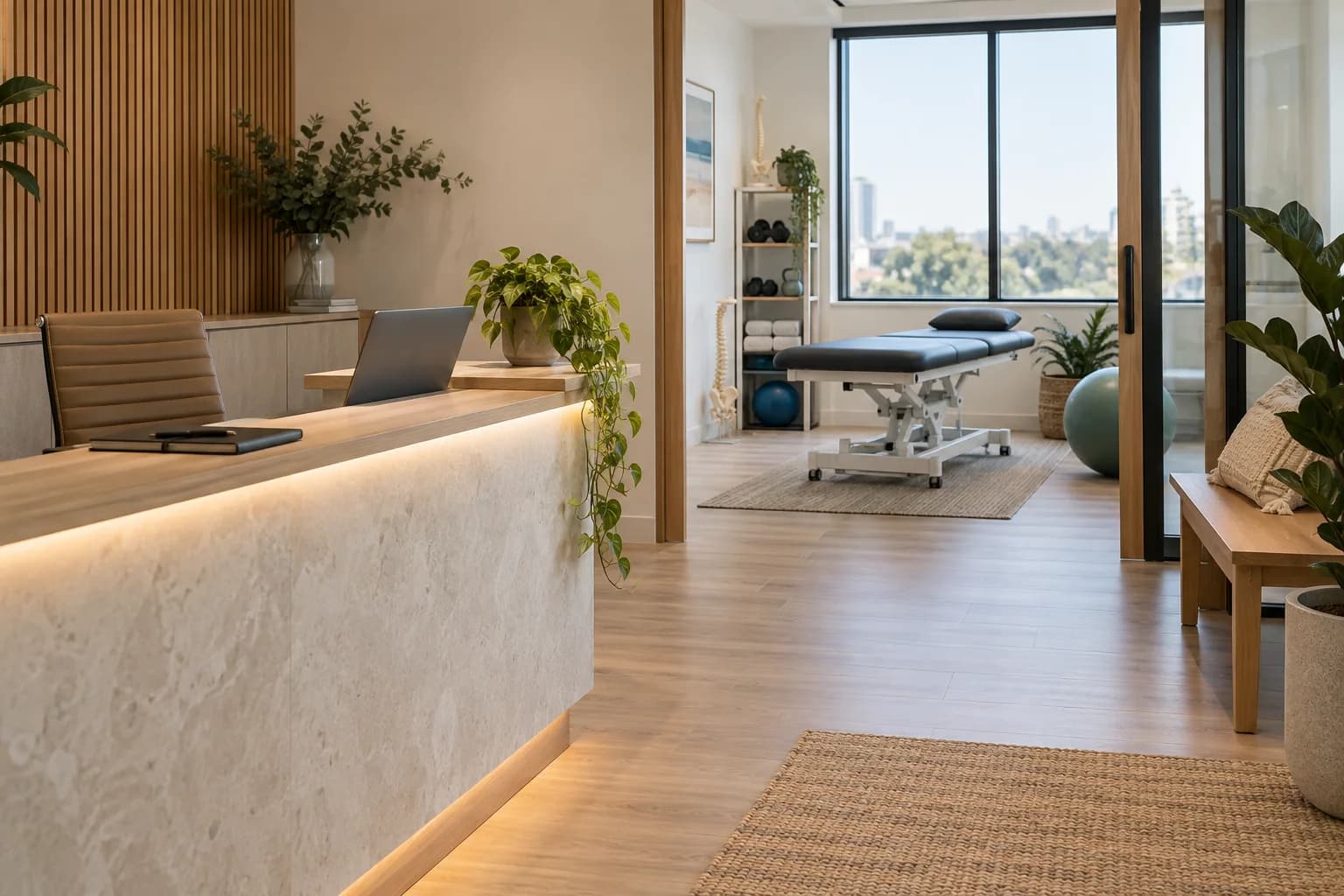 Empty allied health clinic reception with a treatment room beyond