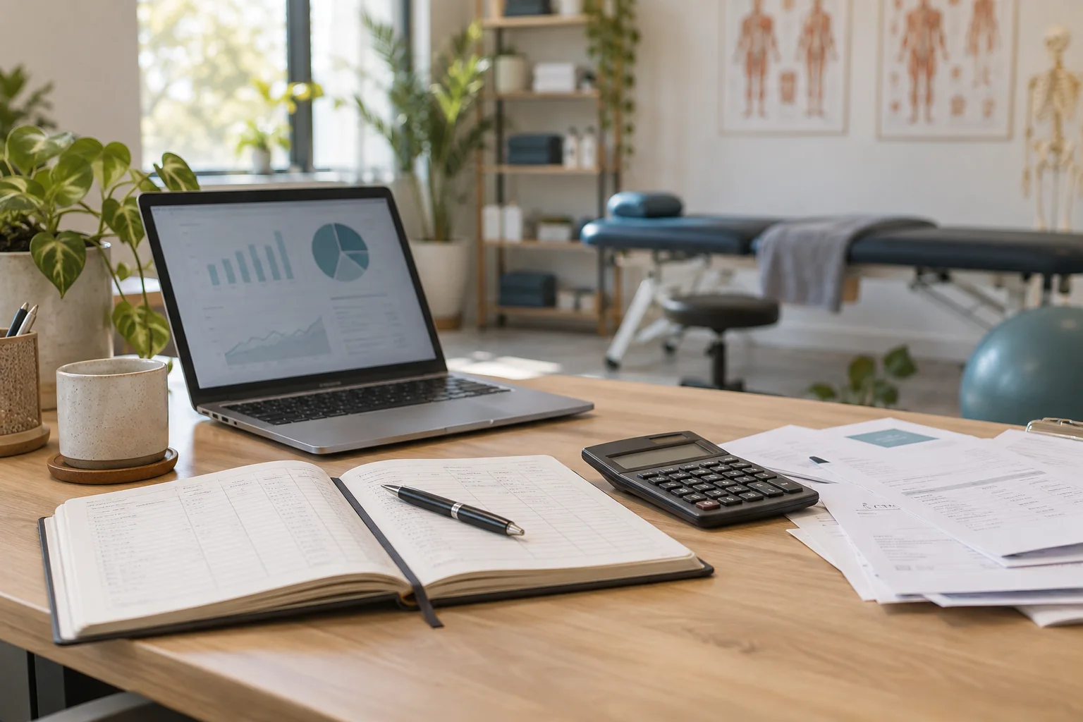 Bookkeeping records and cash flow charts on a desk in an empty allied health clinic