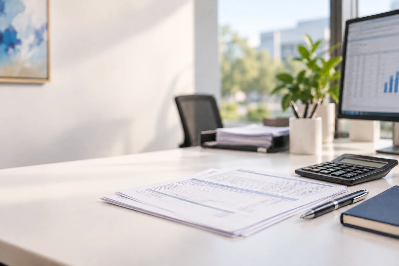 Business activity statement paperwork, calculator and pen on an empty office desk
