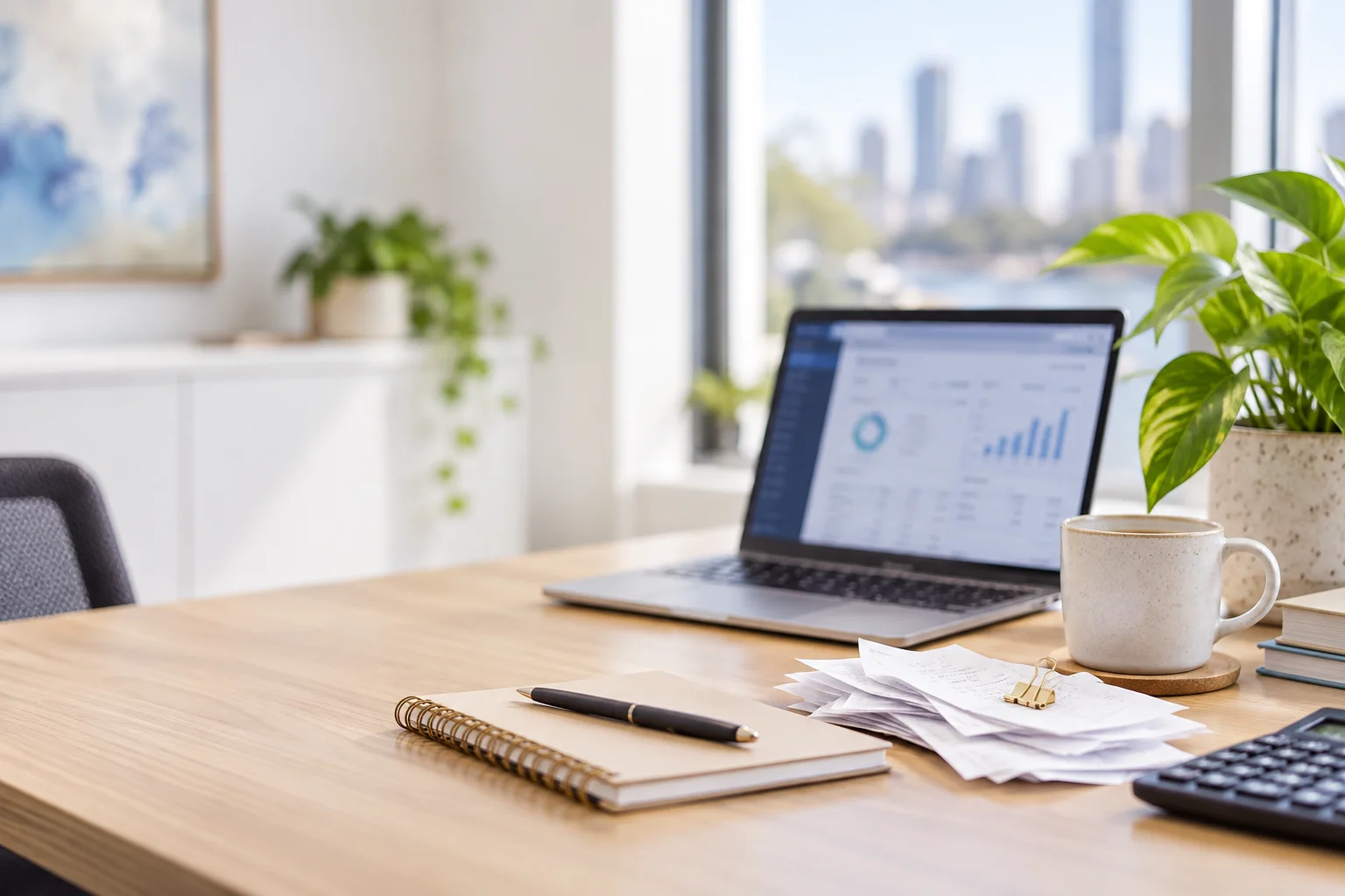 Bookkeeping workspace with laptop, records and notebook in natural office light