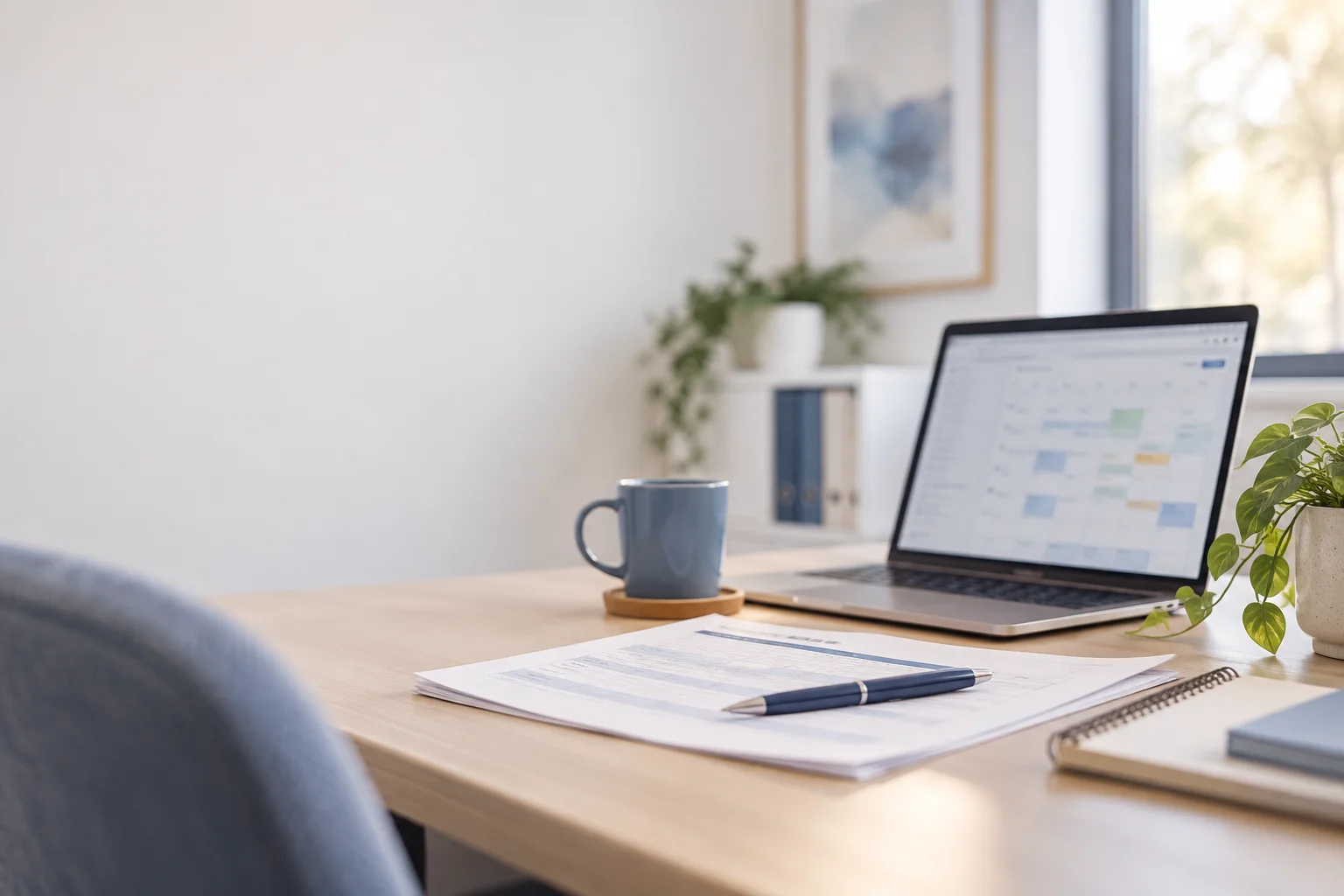 Laptop and paper timesheets on an empty office desk in warm daylight