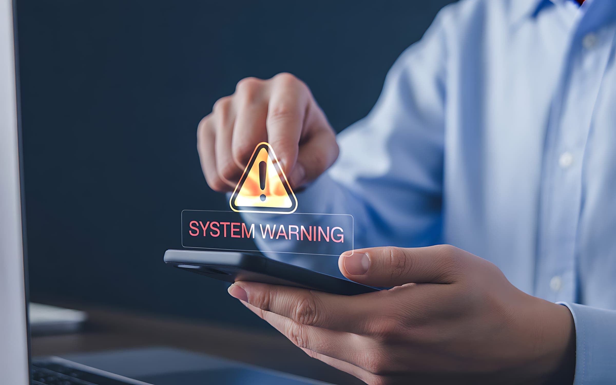 Person holding smartphone with SMSF system warning symbol.