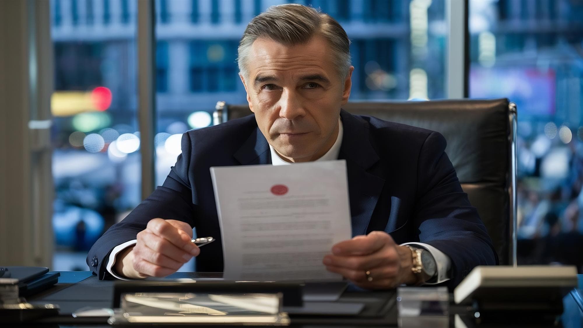 Businessman reviewing documents related to director penalty notices in a modern office.