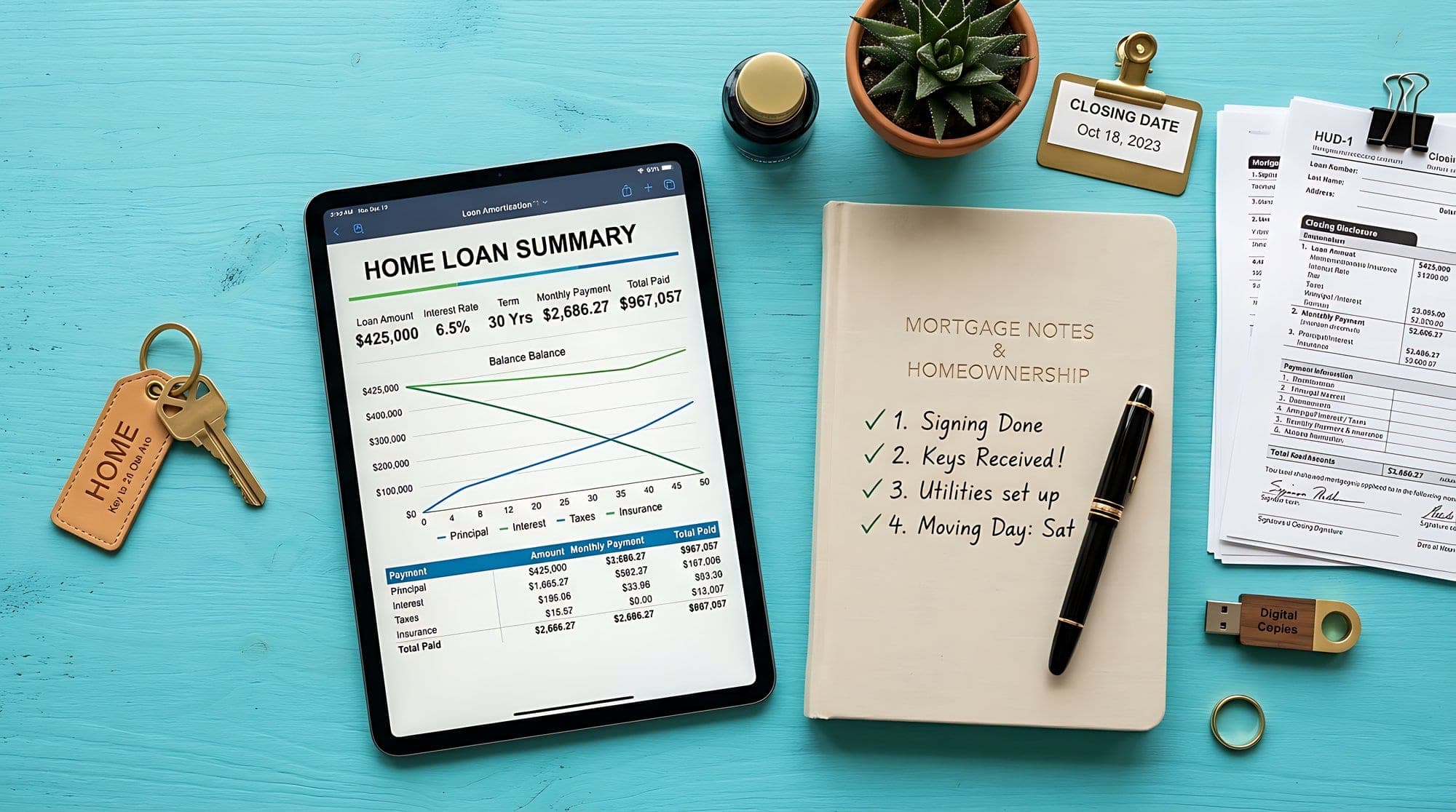 Digital tablet displaying financial statement of account on blue desk with mortgage notes.