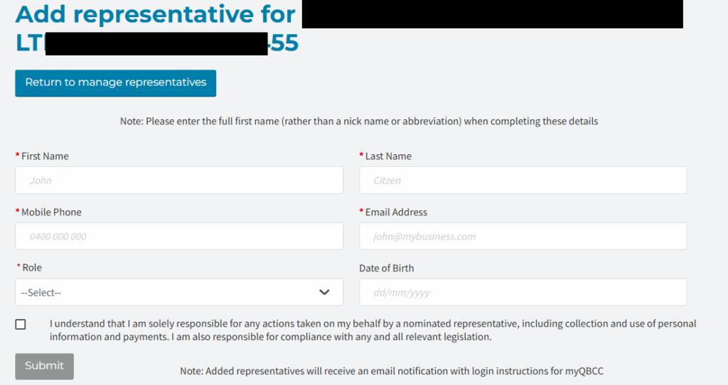 Fill in all the required information about the person you’re adding for Qbcc