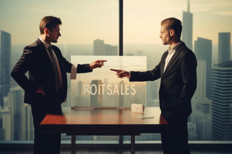 Two businessmen discuss SAV in office setting with city view.