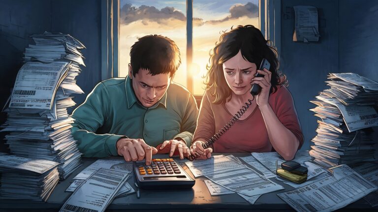 Couple calculating ATO debt payment plans at a desk with paperwork, showing financial stress.