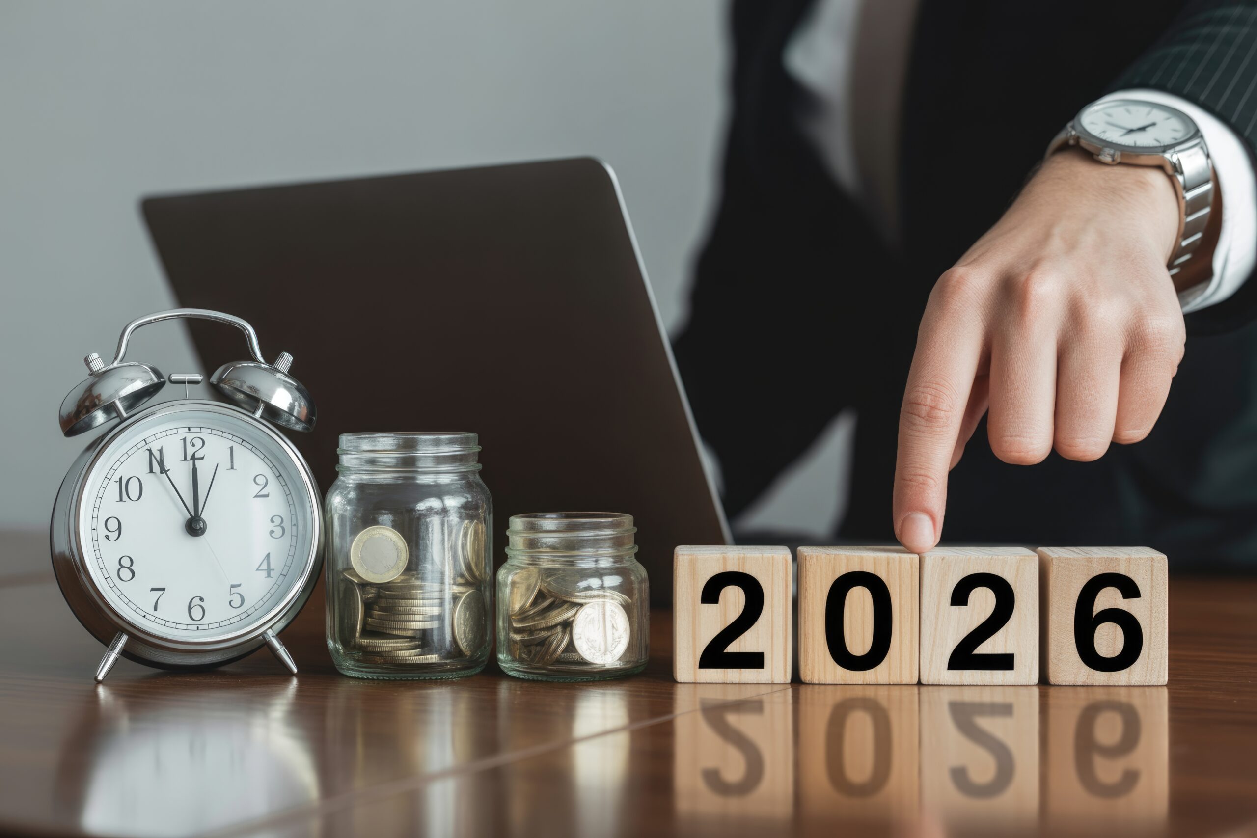 Businessman with blocks showing 2026, reflecting instant asset write-off topic.