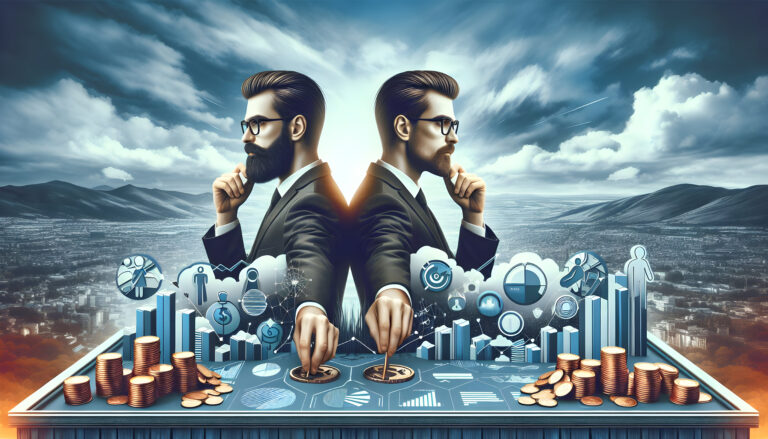 Two men pondering SMSF vs Industry Super Fund with financial symbols.